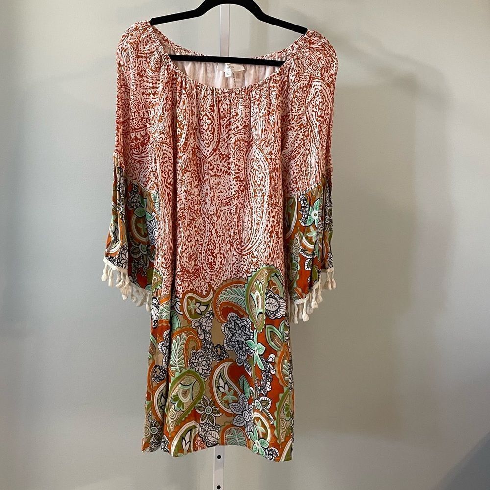 Entro Patterned Tassel Sleeve Dress